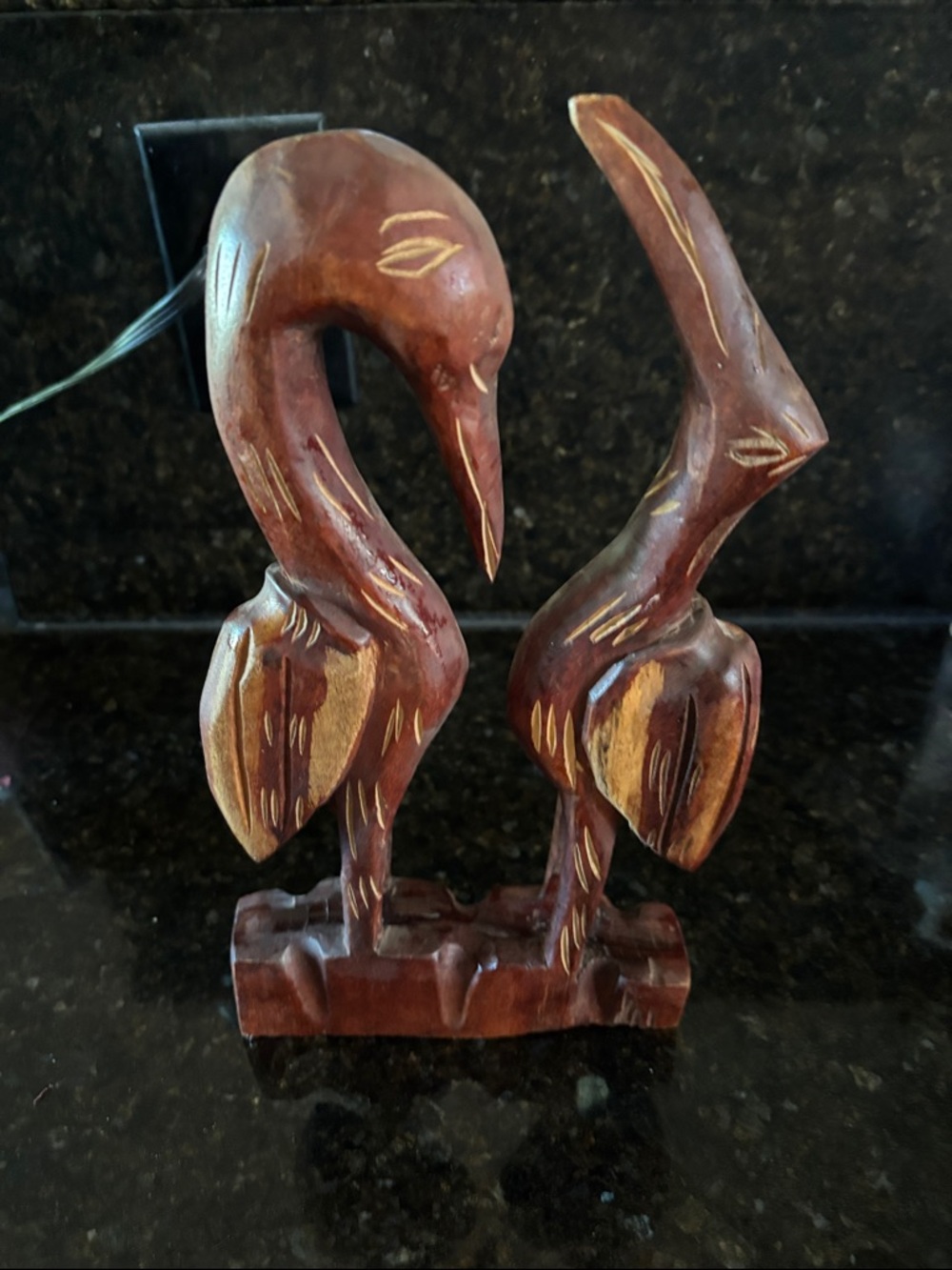 Hand-Carved Wood Crane Pair Sculpture